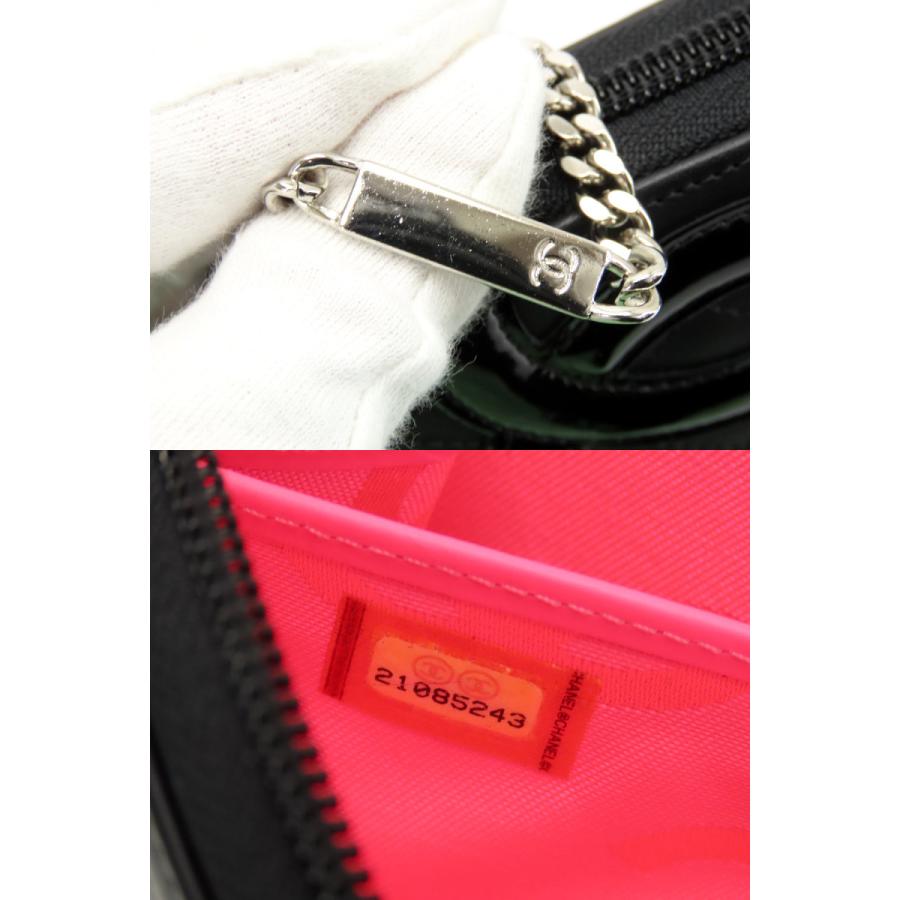 超美品 シャネル CHANEL カンボンライン ココマーク ラウンドファスナー長財布 ブラック エナメル ピンク カーフスキン A50078の画像