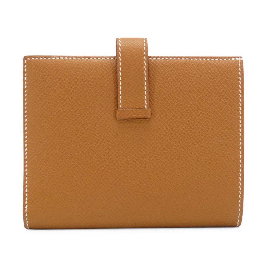 超美品 エルメス HERMES ベアン コンパクト 二つ折り財布 コンパクト財布 ゴールド ブラウン シルバー金具 ヴォーエプソン B刻の画像