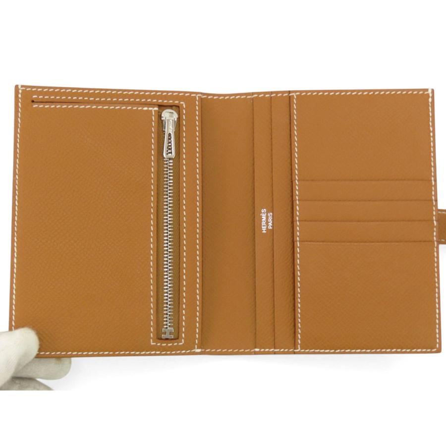 超美品 エルメス HERMES ベアン コンパクト 二つ折り財布 コンパクト財布 ゴールド ブラウン シルバー金具 ヴォーエプソン B刻の画像