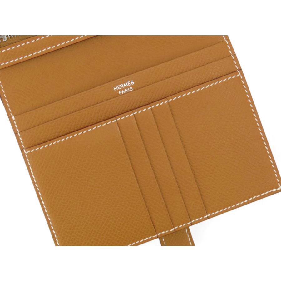 超美品 エルメス HERMES ベアン コンパクト 二つ折り財布 コンパクト財布 ゴールド ブラウン シルバー金具 ヴォーエプソン B刻の画像