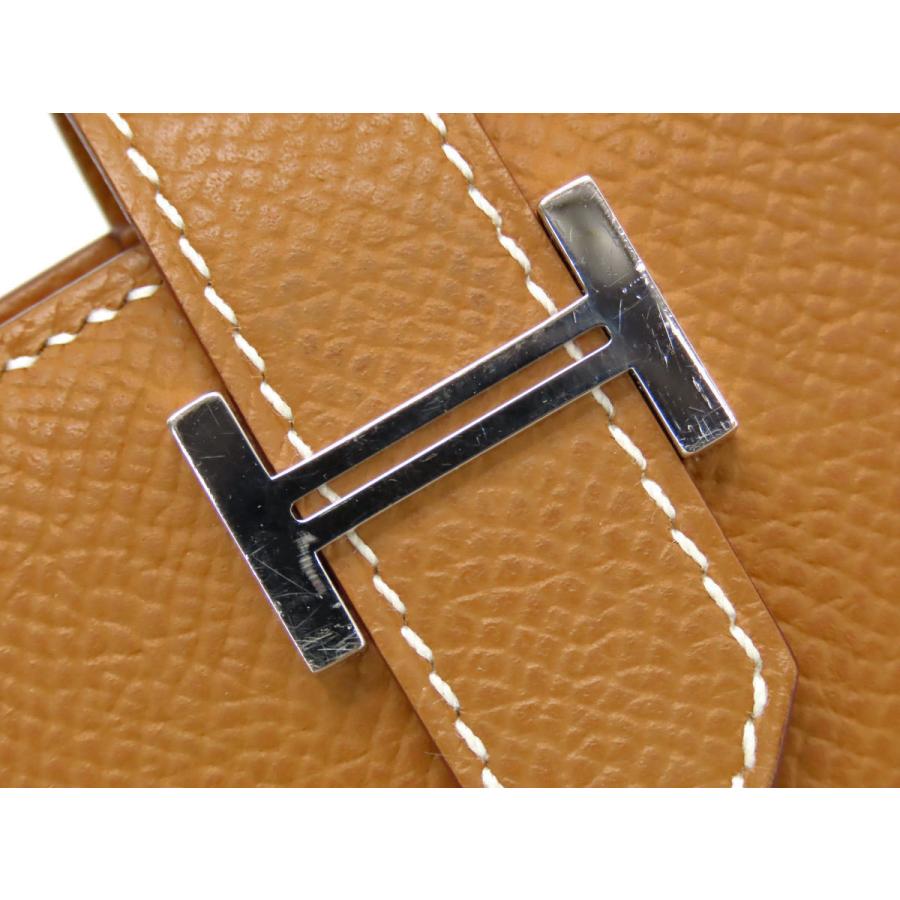 超美品 エルメス HERMES ベアン コンパクト 二つ折り財布 コンパクト財布 ゴールド ブラウン シルバー金具 ヴォーエプソン B刻の画像