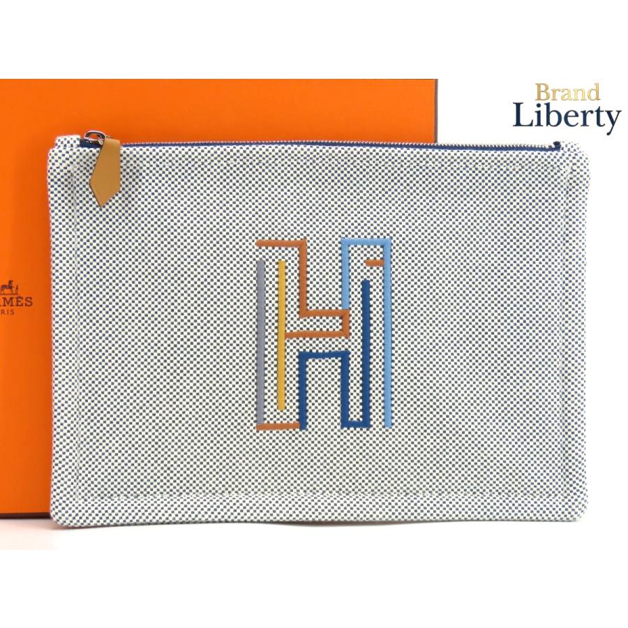 新古品 エルメス HERMES フラットポーチ Hラビリンス PM 刺繍入り 小物入れ クラッチバッグ セカンドバッグ マリン コットン100％ H103973M 04 HERMES（エルメス） 新古品 フラットポーチ Hラビリンス PM 小物入れ