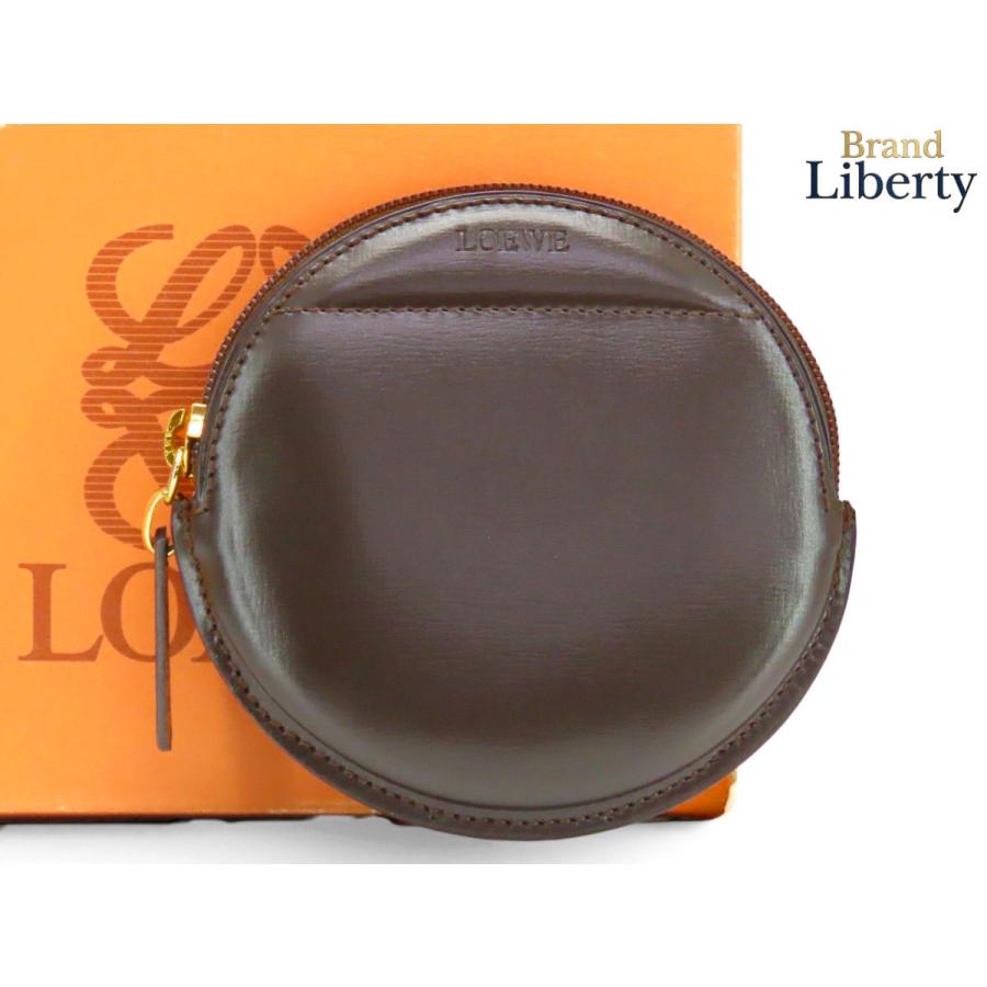 LOEWE ケース　小銭入れ　丸型　本革　光沢　ダークブラウン LOEWE（ロエベ） 未使用 ロゴ コインケース 小銭入れ コンパクト財布