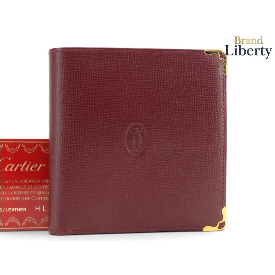 ほぼ新品 カルティエ Cartier マストドゥカルティエ 二つ折り財布 コンパクト財布 ボルドー カーフレザー L3000165 Cartier（カルティエ） ほぼ新品 マストドゥカルティエ 二つ折り財布