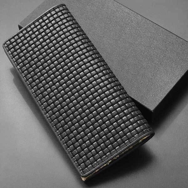 長財布 二つ折り ブラック 黒 ブロックメッシュ型押し 牛革 レザー 薄 