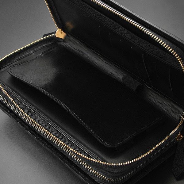 ミニセカンドバッグ 大きめ長財布 クラッチバッグ カバ革 ブラック 黒 ダブルファスナー ヒポレザー ヒポポタマスレザー 国産 日本製 JRA認定品 TH-191の画像