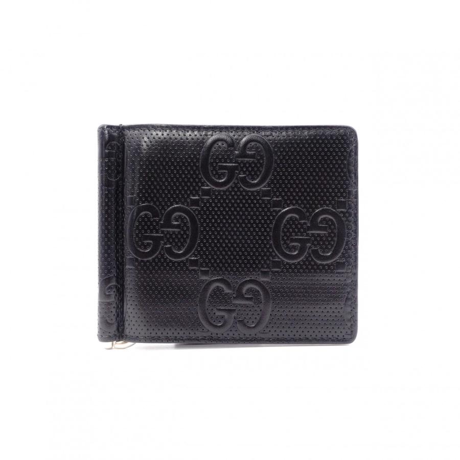 GUCCI GGシマレザー 二つ折り財布 ロゴ金具 小銭入れ ブラック GUCCI（グッチ） シマ 二つ折り財布 レザー ブラック メンズ カード