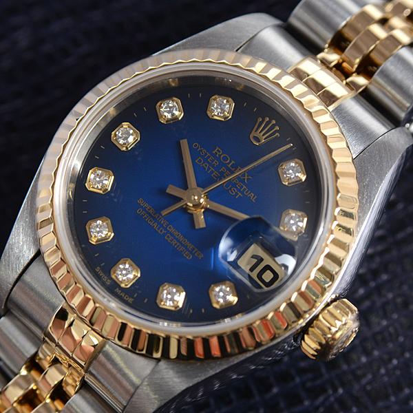 ロレックス デイトジャスト 10Pダイヤ 79173G ブルー P番 レディース 中古 腕時計 69173G ブルー ROLEX（ロレックス）デイトジャスト 10Pダイヤ 中古