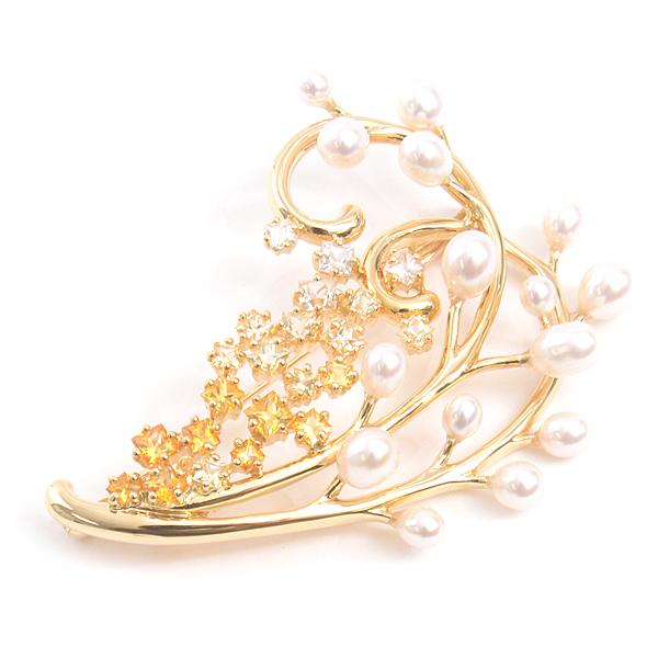 タサキ ブローチ レディース K18 リーフデザイン パール サファイア パール：3.0mm〜4.5mm S:2.21ct イエローゴールド TASAKI　中古
