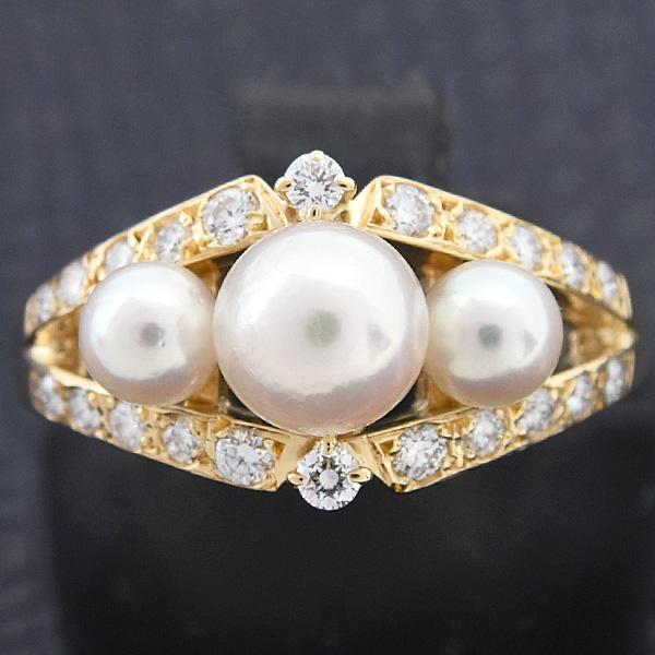 MIKIMOTO ミキモト 指輪 レディース 3Pパール ダイヤ リング 12号 3.9  