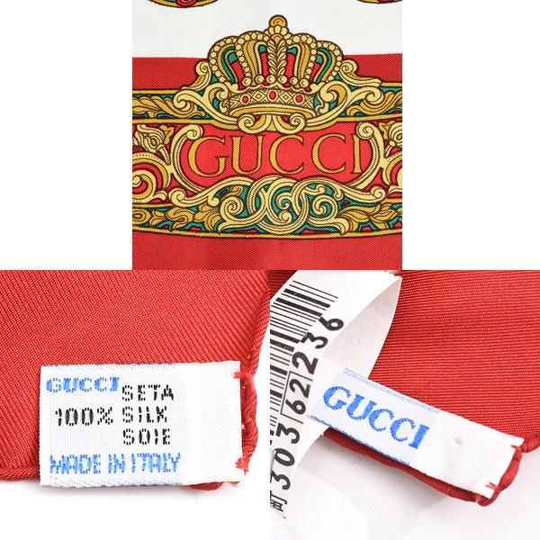 グッチ スカーフ レディース 勲章 リボンデザイン 大判 ショール シルク ホワイト レッド GUCCI 中古_3