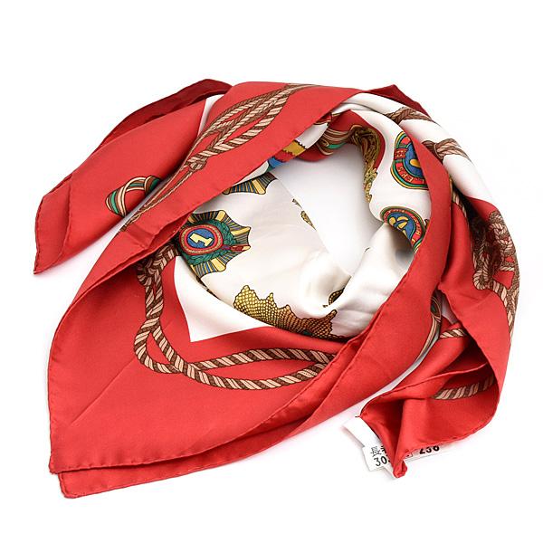 グッチ スカーフ レディース 勲章 リボンデザイン 大判 ショール シルク ホワイト レッド GUCCI 中古_9
