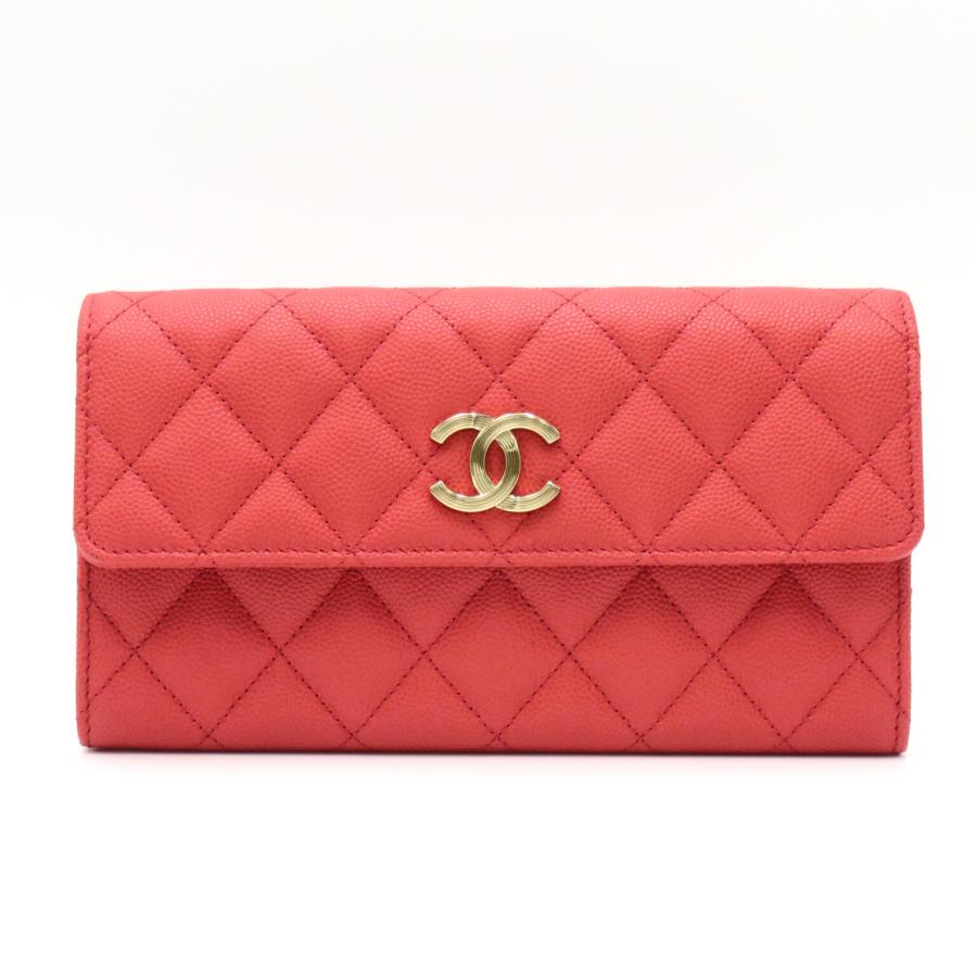 CHANEL シャネル 二つ折り長財布 ZIP長財布 オレンジ系 キャビア CHANEL シャネル 二つ折り長財布 ZIP長財布 オレンジ系 キャビア