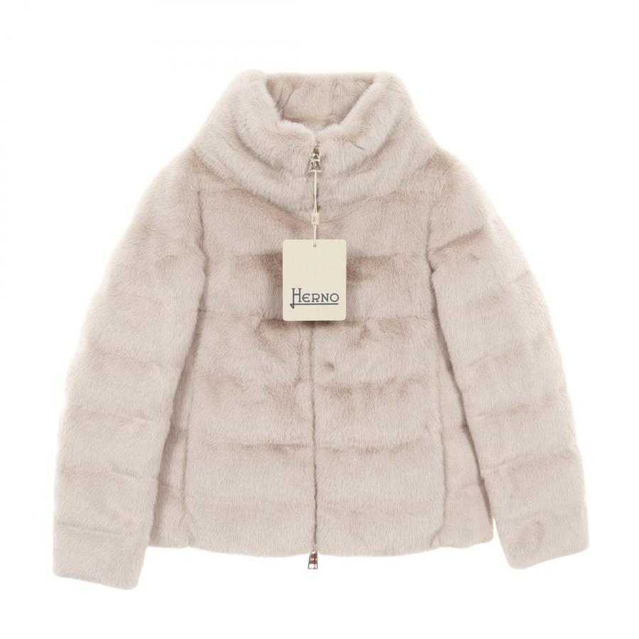 Herno ベージュ エコファー ダウンジャケット40 HERNO（ヘルノ） エコファー 重ね着風 ダウンコート ラゾ Aシェイプ