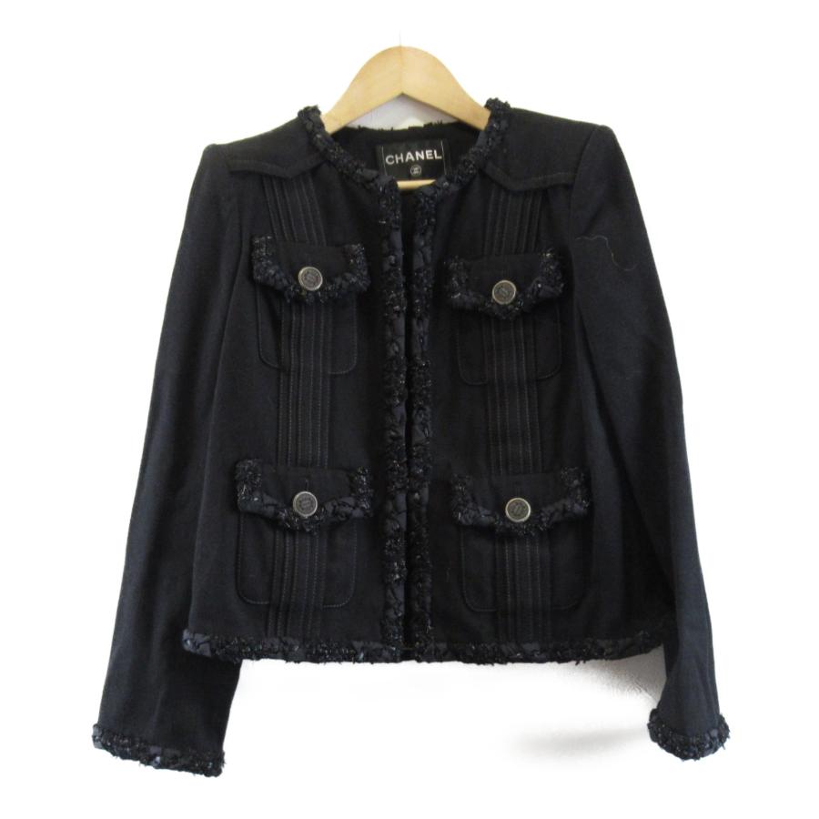 シャネルノーカラージャケット 中古・古着通販】CHANEL (シャネル) ノーカラージャケット ブラック