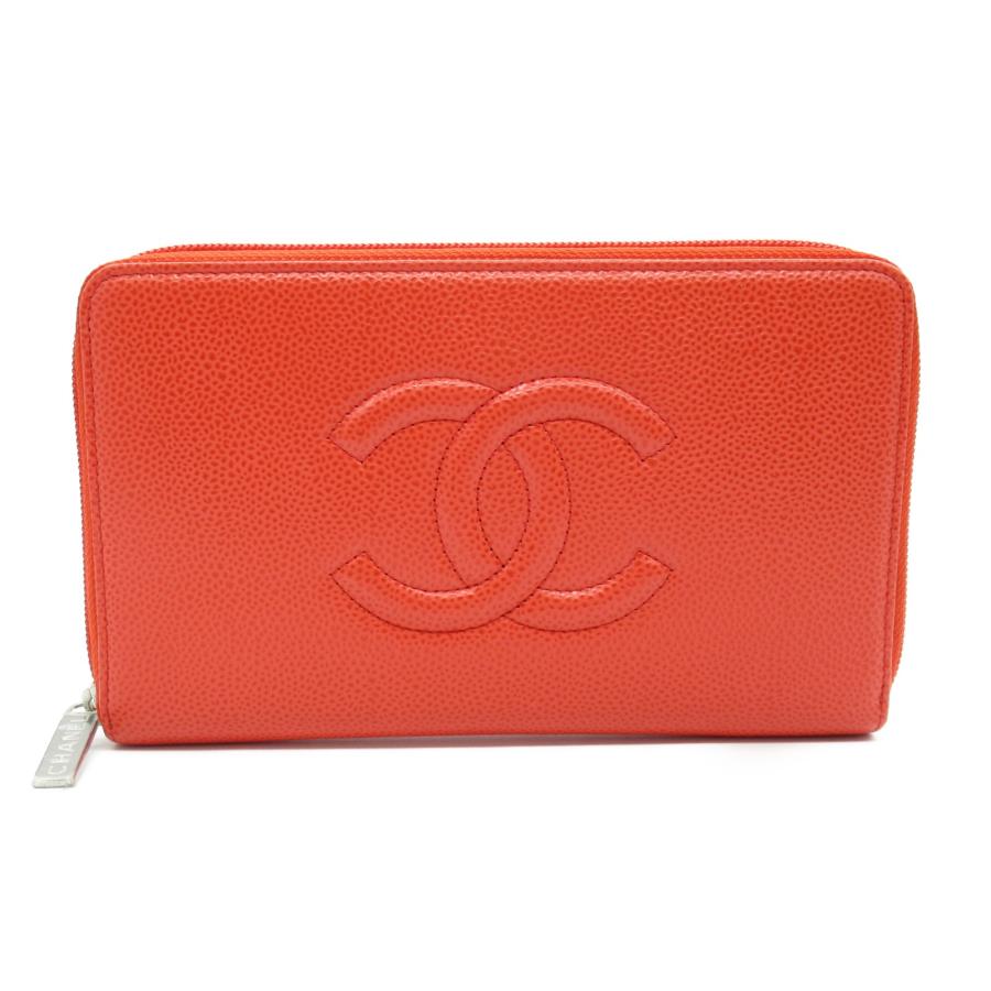 CHANEL シャネル ラウンド長財布 ココマーク レッド系 キャビアスキン 