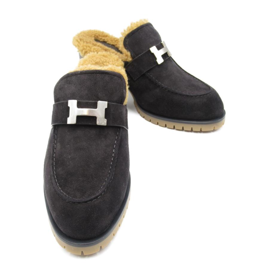 HERMES エルメス ミュール Hミュール ブラック系 スウェード 中古 
