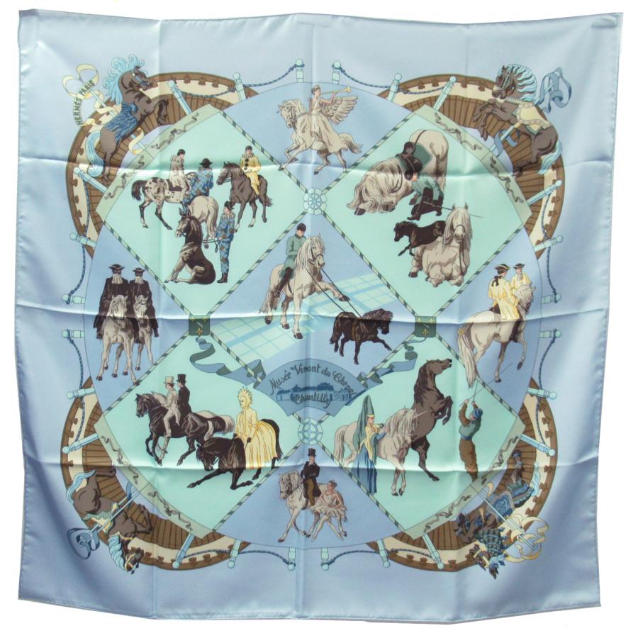 HERMES エルメス スカーフ カレ90 シャンティイ城馬の博物館 ブルー系 