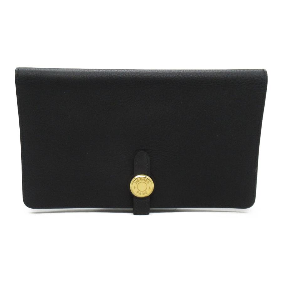 HERMES エルメス 二つ折り長財布 ドゴンMM ブラック系 レザー 中古  