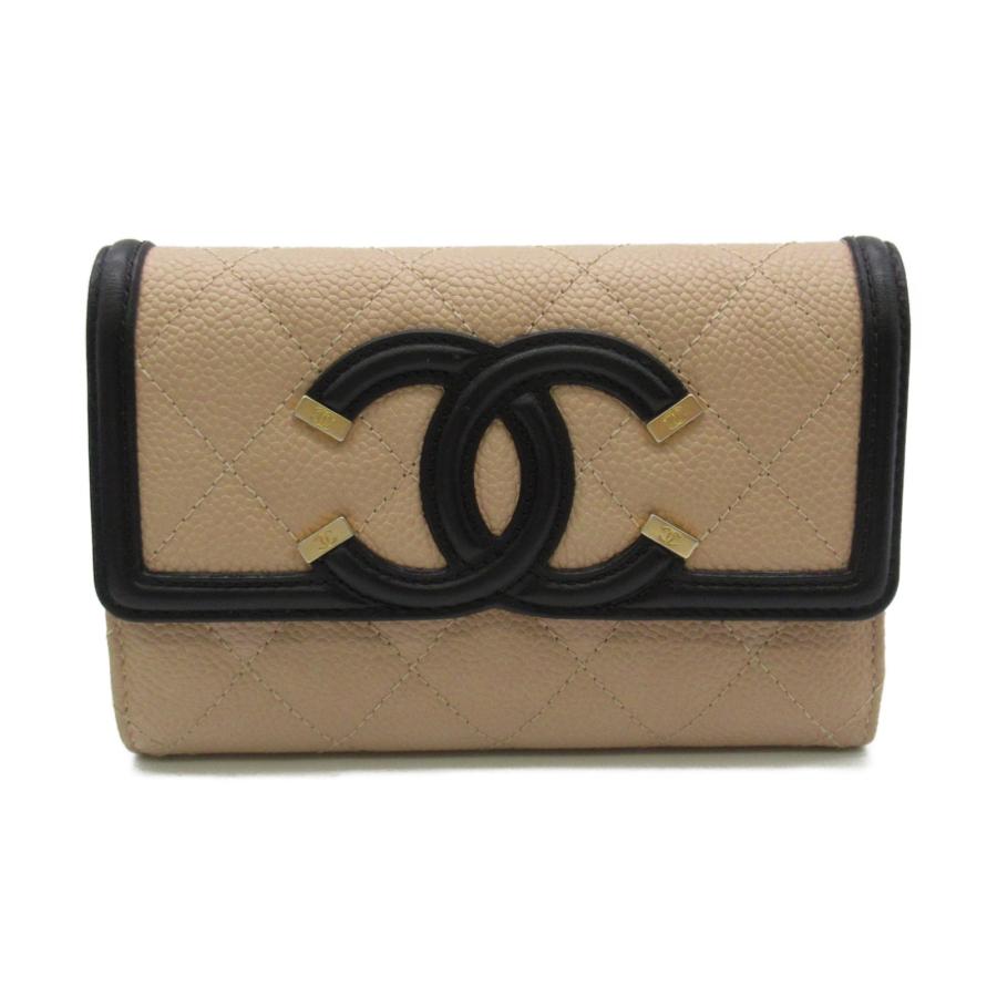 CHANEL シャネル 三つ折り財布 三つ折り財布 ベージュ系 キャビア  