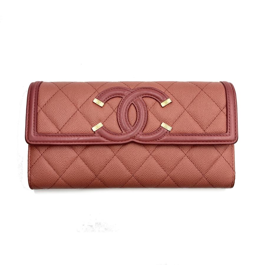 CHANEL シャネル Wホック長財布 CCフィリグリー ピンク系 キャビア 