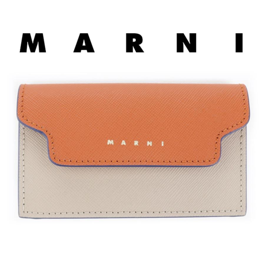 マルニ カードケース MARNI 名刺入れ 定期入れ パスケース オレンジ ホワイト ベージュ バイカラー サフィアーノ レザー 本革 ミニ財布 コインケース PFMOT05U09｜brandparks