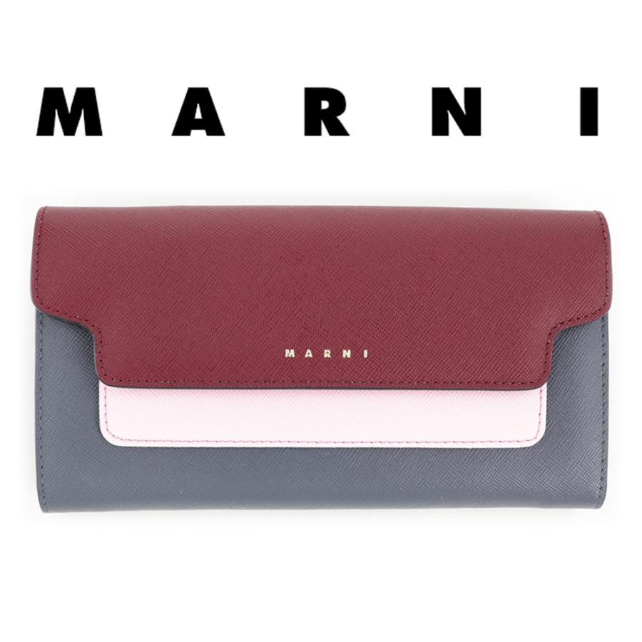 マルニ 財布 長財布 MARNI ダブルホック バイカラー ディープレッド + ライトピンク + グレー 二つ折り 本革 レザー じゃばら ボタン 大容量 PFMOU01U13｜brandparks