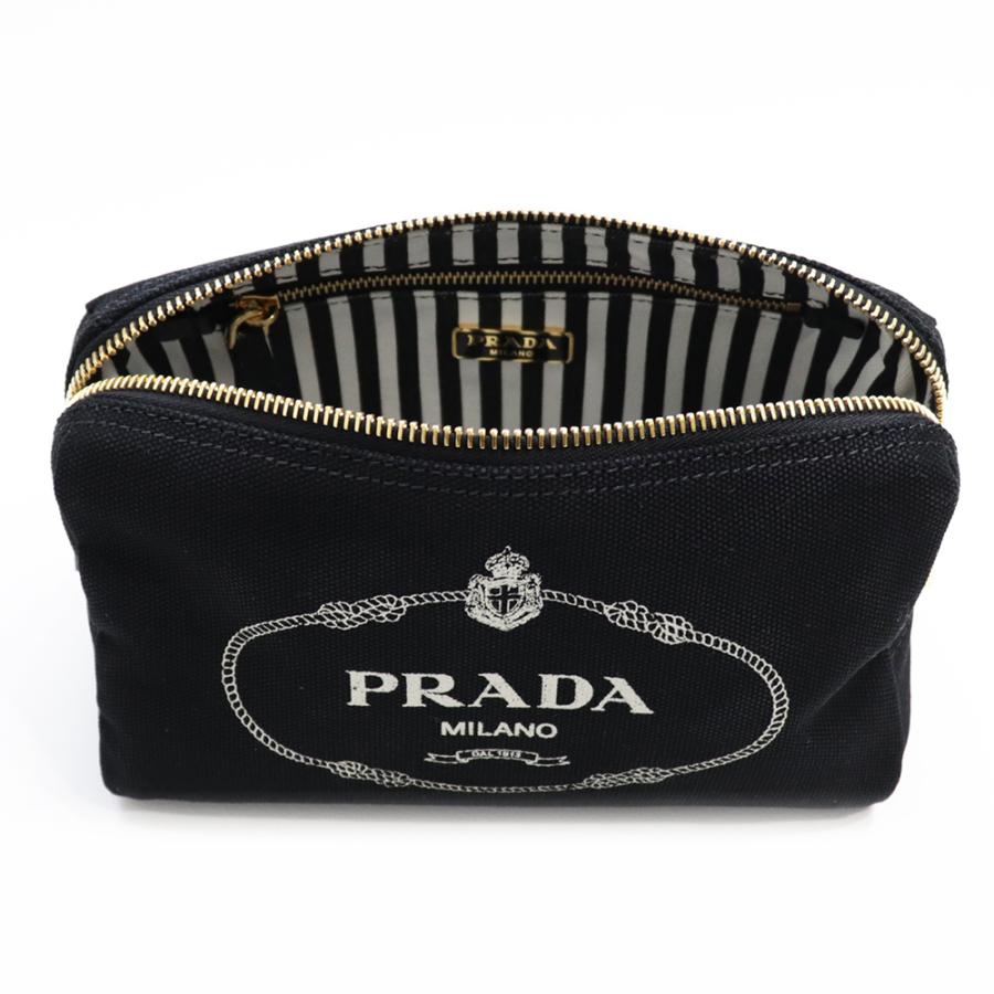 プラダ ポーチ PRADA コスメポーチ コットン カナパ デニム ブラック ホワイト 黒 白 ストライプ トラベル 小物入れ ロゴ プリント 携帯  1NA693