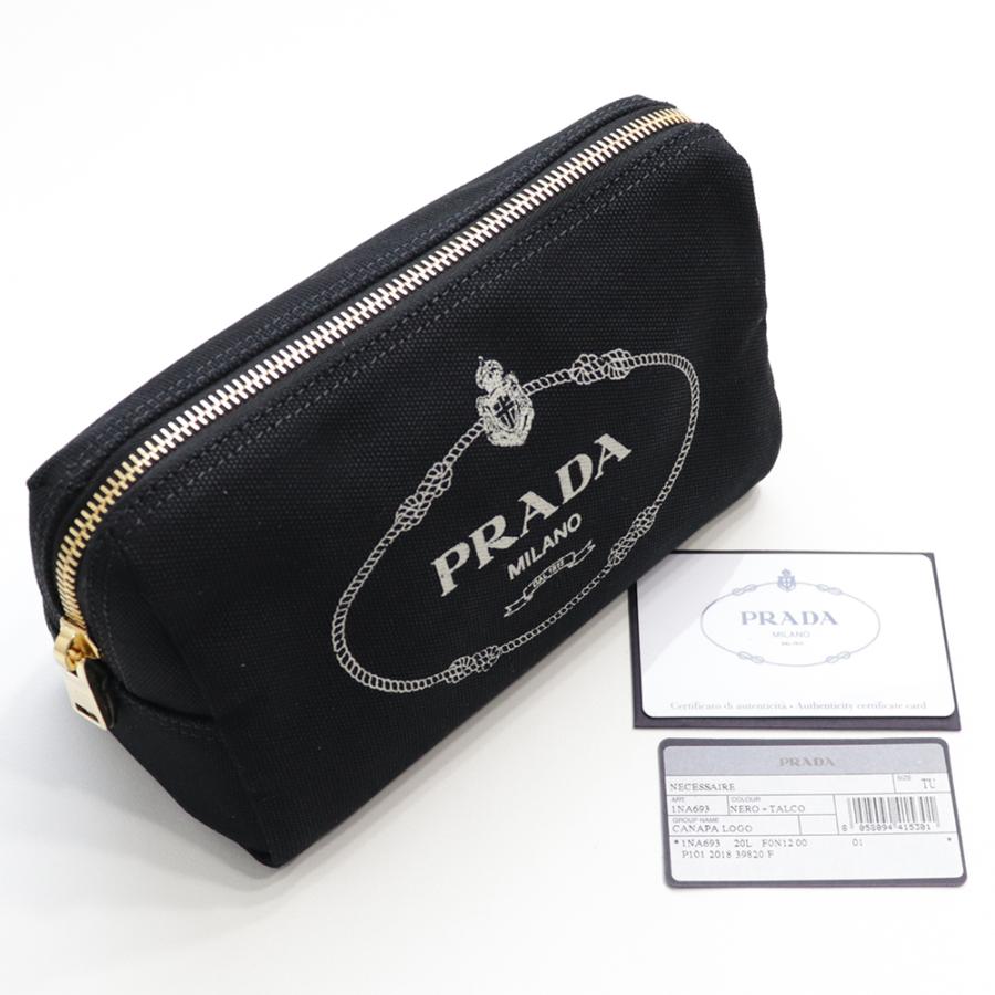 プラダ ポーチ PRADA コスメポーチ コットン カナパ デニム ブラック ホワイト 黒 白 ストライプ トラベル 小物入れ ロゴ プリント 携帯  1NA693