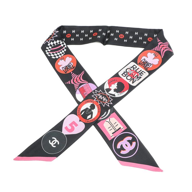 【値下げ】シャネル　スカーフ　ヘアバンド　ロゴ入りスカーフ　正規品 CHANEL（シャネル） ヘアバンド スカーフ ブラック/ピンク シルク100