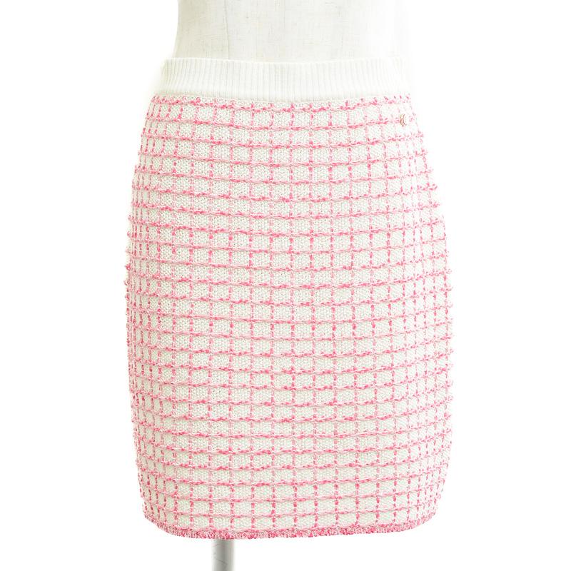 シャネル ニットスカート チェック コットン アイボリー/ピンク 36  