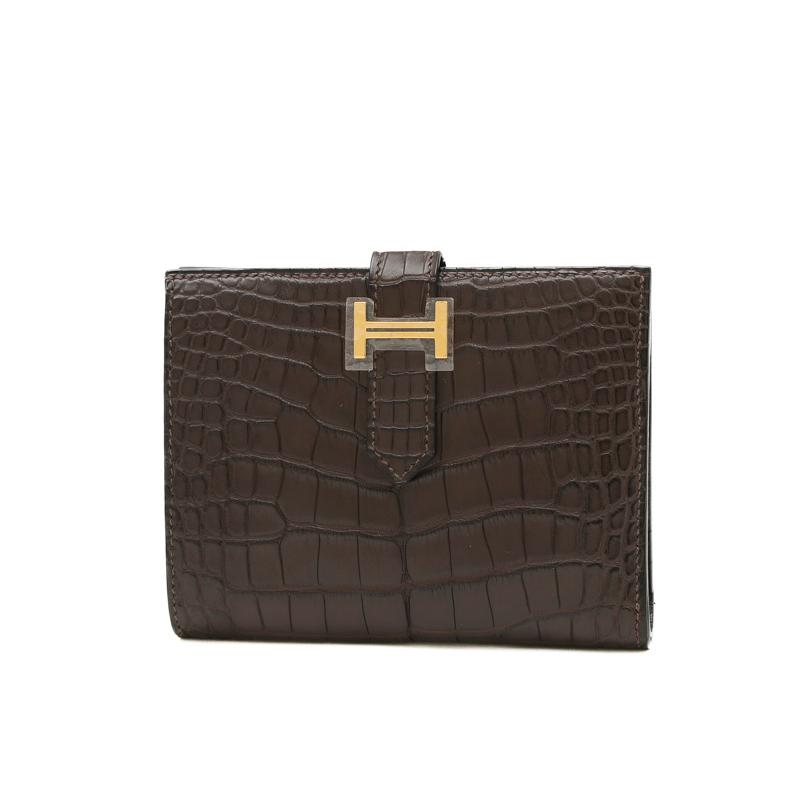 HERMES エルメス ベアンコンパクト 財布 アリゲーターマット エベンヌ 