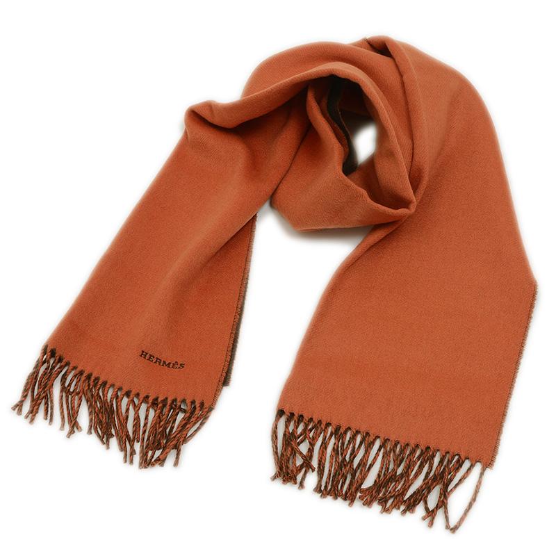 HERMES エルメス カシミアマフラーHエコセ・レクトヴェルソオレンジ