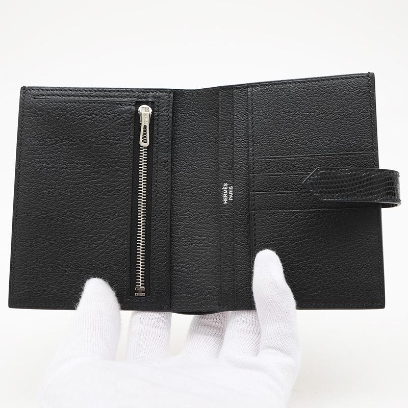 エルメス　HERMES 財布　べアンコンパクト　リザード　ブラックレザー エルメス HERMES 財布 べアンコンパクト リザード ブラックレザー