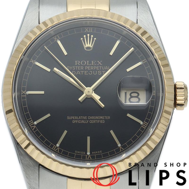 ロレックス デイトジャスト メンズ時計 Datejust Mens 16233(P) K18YG/SS メンズ時計 ブラック 仕上げ済 2000年 美品 【中古】 ROLEX（ロレックス） デイトジャスト メンズ時計 16233(P) K18YG/SS