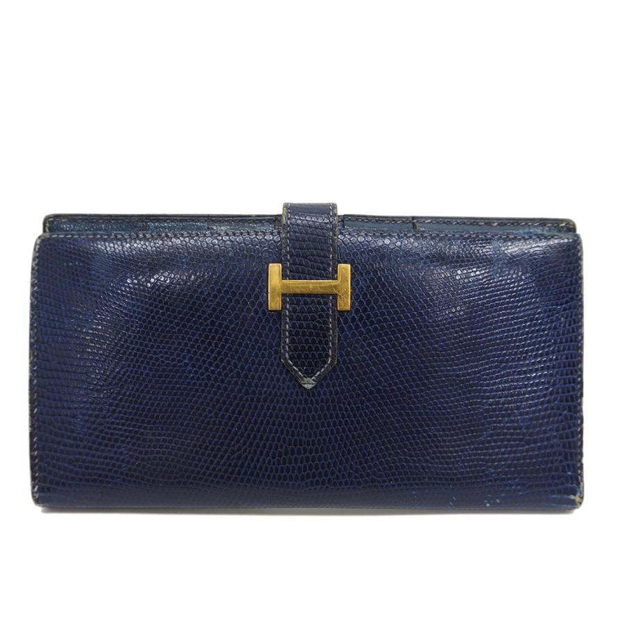 エルメス ベアン 長財布 リザード ネイビー ○U刻印（1991年  