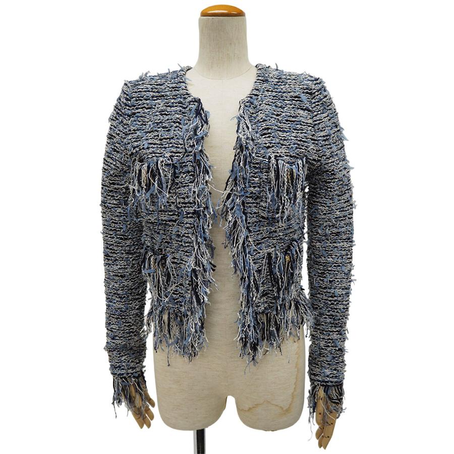 BALMAIN - バルマン ツイード フリンジ ジャケット ネイビー レディース ノーカラー クロップド 金ボタン 36(S位) 春秋 BALMAIN バルマン ツイード フリンジ ジャケット ネイビー レディース ノー