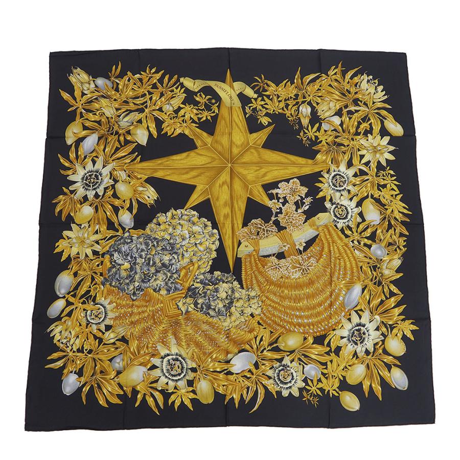 ちゃたまま　エルメスカレ スカーフ シルク ブラック イエロー レディース HERMES エルメス カレ 90 カレ90 スカーフ PASSIFLORES ブラック