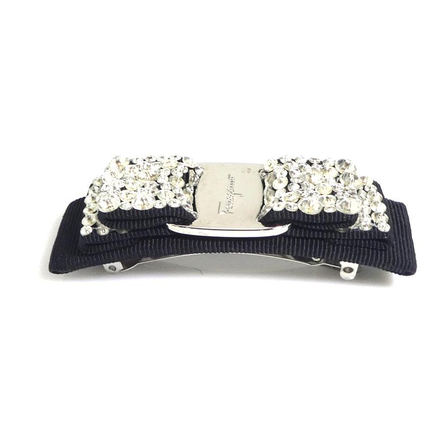 フェラガモ バレッタ ヴァラリボン ラインストーン ブラック×シルバー