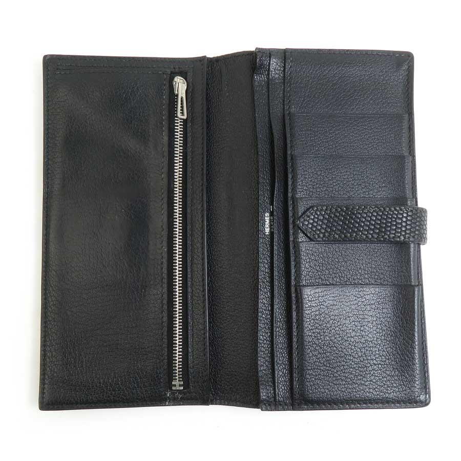 HERMES エルメス ベアンスフレ H金具 長財布 二つ折り財布 ブラック HERMES（エルメス） 二つ折り長財布 ベアンスフレ リザード ブラック