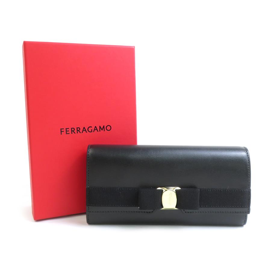 良品 サルヴァトーレフェラガモ レザー ヴァラ リボン 長財布 黒 マルチカラー サルヴァトーレフェラガモ Salvatore Ferragamo 長財布 ヴァラリボン