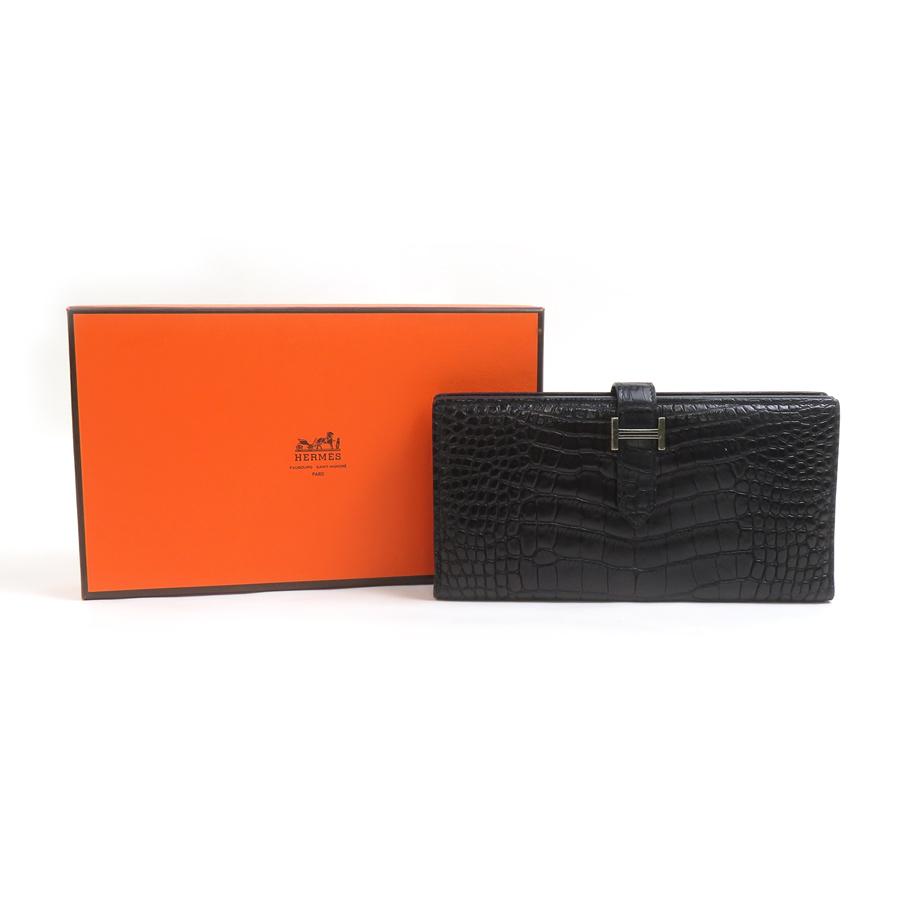 エルメス HERMES 二つ折り長財布 ベアンスフレ アリゲーター ブラックの画像