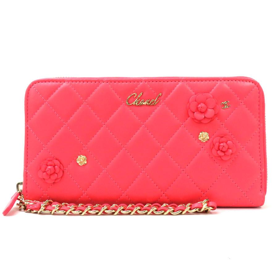 シャネルカメリア長財布ラウンドファスナーココマークラムスキン