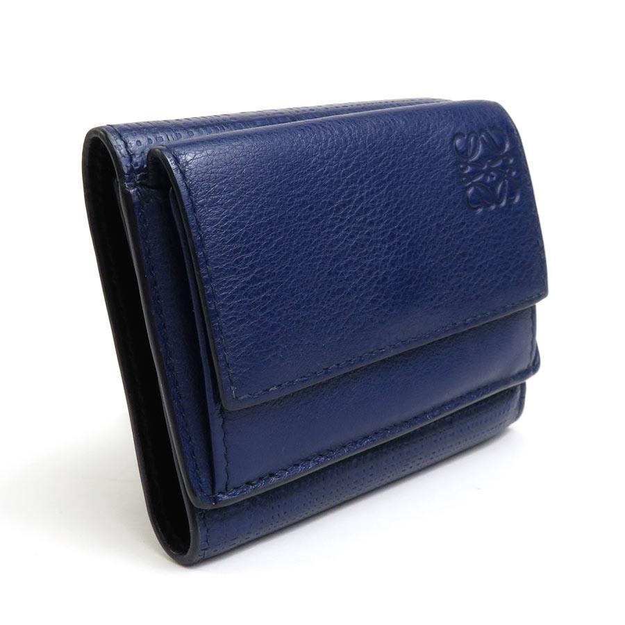 ロエベ　LOEWE 三つ折り財布　レザー　ネイビー　アナグラム　ステッチ LOEWE（ロエベ） 三つ折り財布 アナグラム レザー ネイビーブルー
