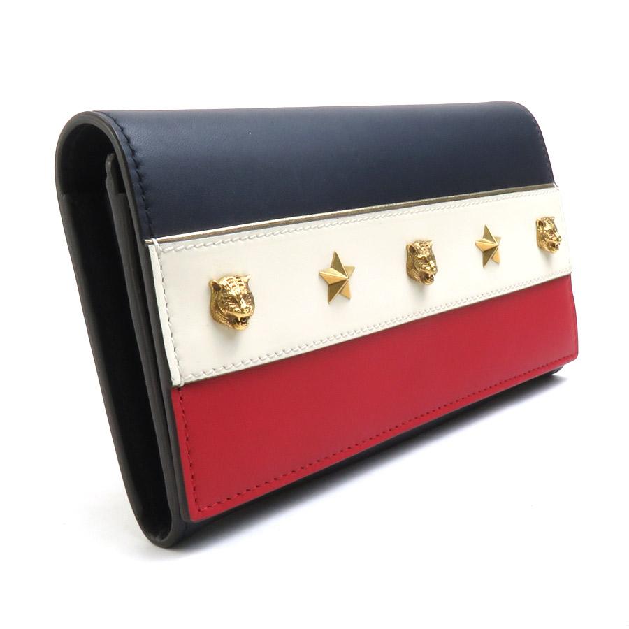 GUCCI グッチ 二つ折り長財布 レザー ネイビー/オフホワイト/レッド