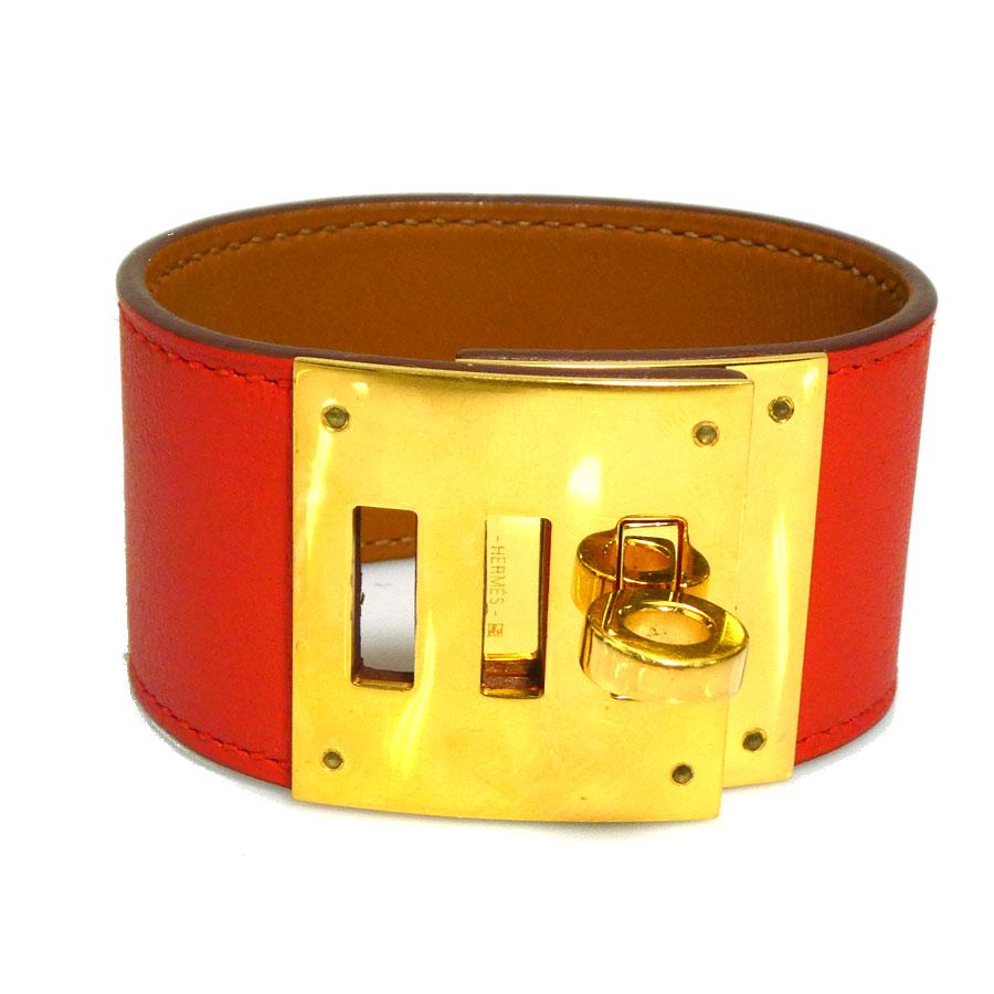 【美品】HERMES エルメス ケリー レザーブレスレット オレンジ ゴールド HERMES（エルメス） ブレスレット ケリー ドッグ レザー/メタル