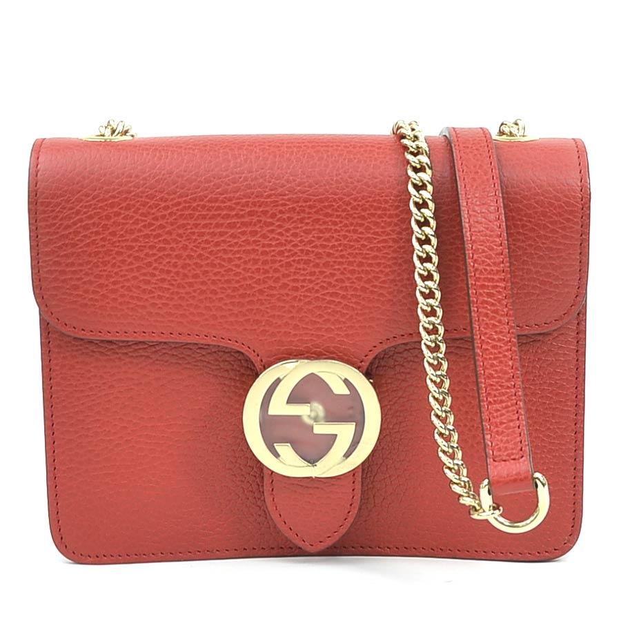『美品』グッチ　ショルダーバッグ　GG　インターロッキング　レザー　レッド GUCCI（グッチ） ショルダーバッグ インターロッキング G レザー