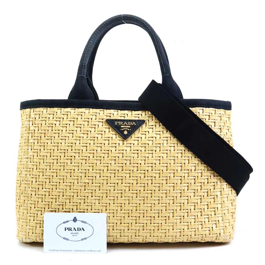 美品☆PRADA ベージュ/黒 ハンドバッグ PRADA（プラダ） ハンドバッグ ショルダーバッグ かごバッグ ストロー