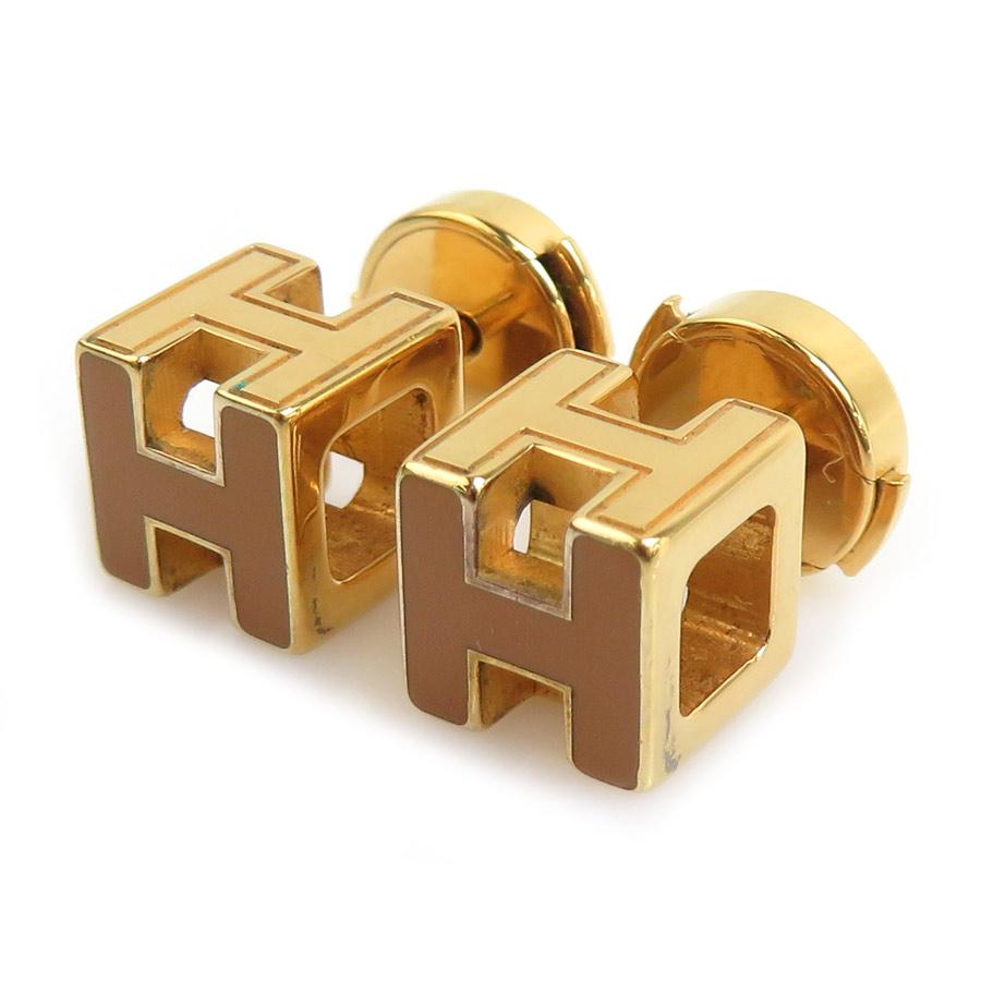 エルメス H字型 ゴールドxオレンジ　ピアス(片耳用) HERMES（エルメス） ピアス Hキューブ メタル/エナメル ゴールド