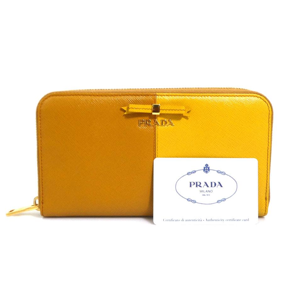 プラダ PRADA ラウンドファスナー長財布 レザー ブラウン/イエロー 